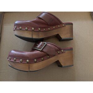 Free People Womens Culver City Studded Wooden Platform Clogs Mahogany Size 39